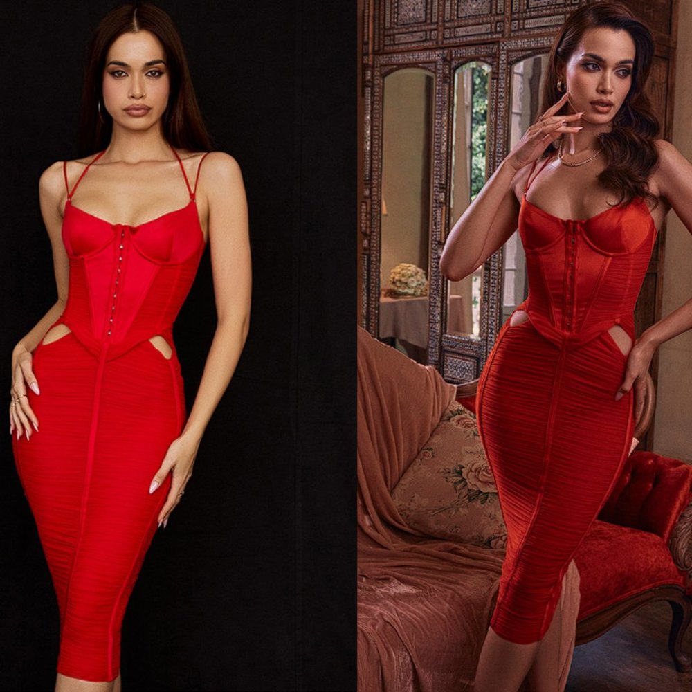 HOUSE OF CB 'Maya' Scarlet Ruched Midi Dress NWOT - Picture 4 of 6